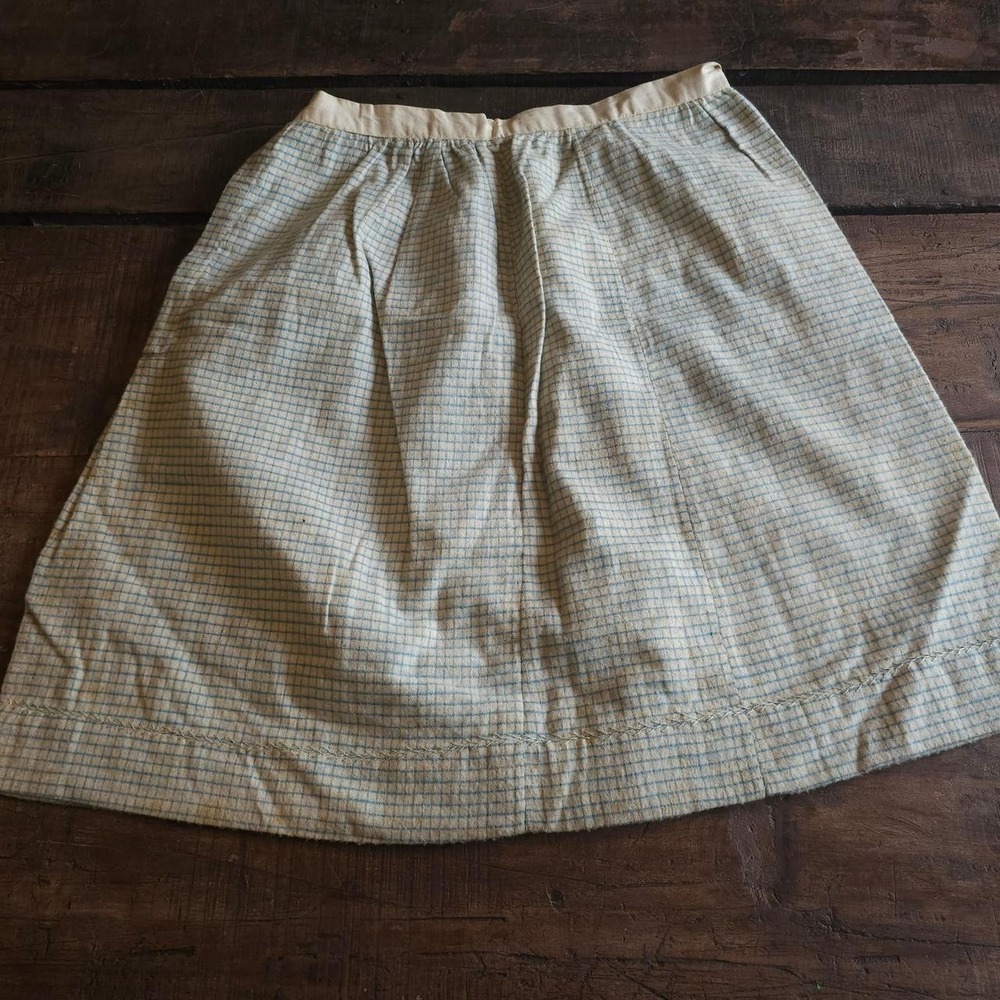 Homespun Wool Creme & Blue  Grid Pattern Antique Edwardian 1910s 1920s Skirt